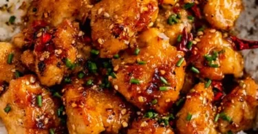 Delicious honey garlic chicken bites served on a plate.