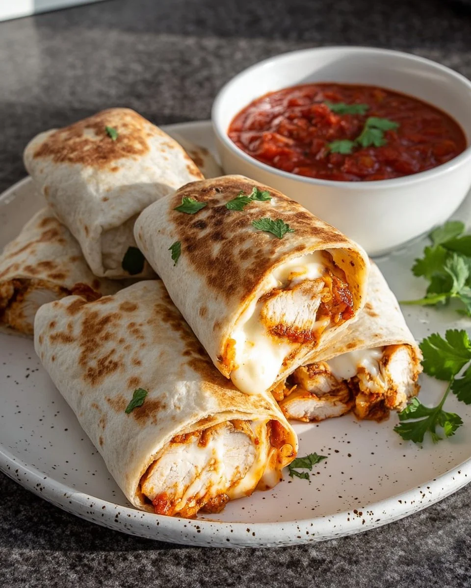 Air fryer chicken and mozzarella wraps on a plate