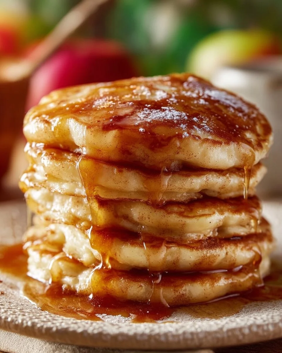 Fluffy Apple Cinnamon Pancakes topped with fresh apples and cinnamon