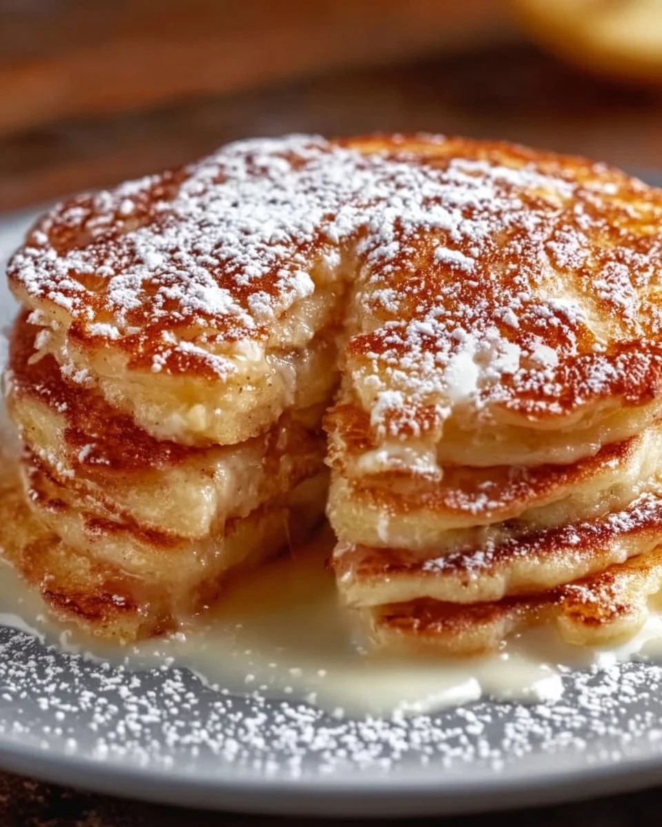 Delicious apple yogurt pancakes stacked on a plate with syrup drizzle.