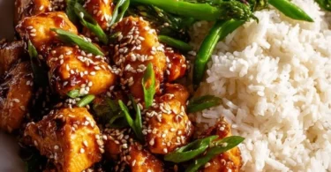 Asian High Protein Sesame Chicken served on a plate with sesame seeds and vegetables