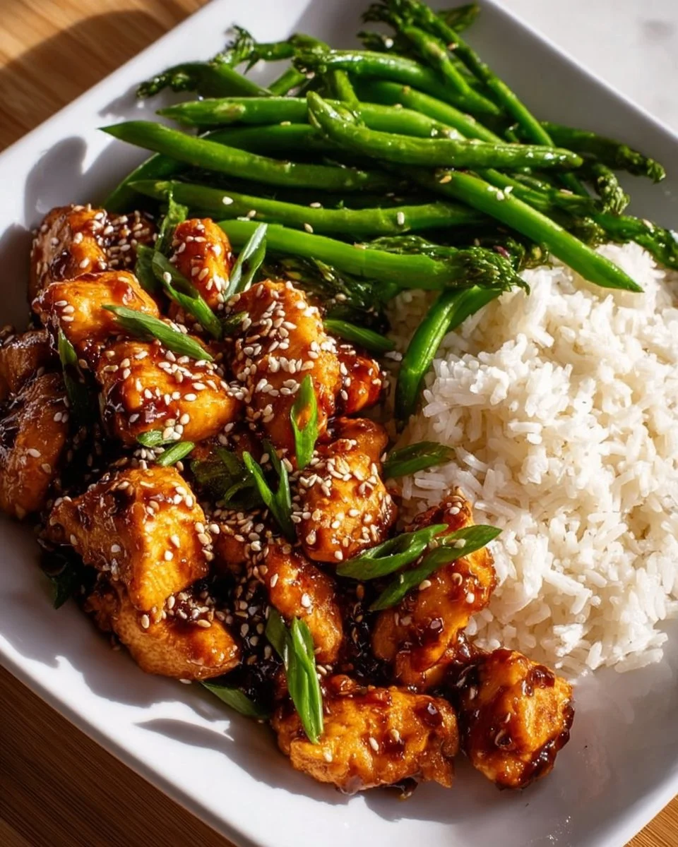 Asian High Protein Sesame Chicken served on a plate with sesame seeds and vegetables