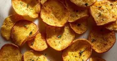 Baked chickpea chips served in a bowl on a wooden table