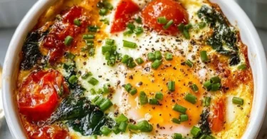 Delicious baked feta eggs served with herbs and spices.