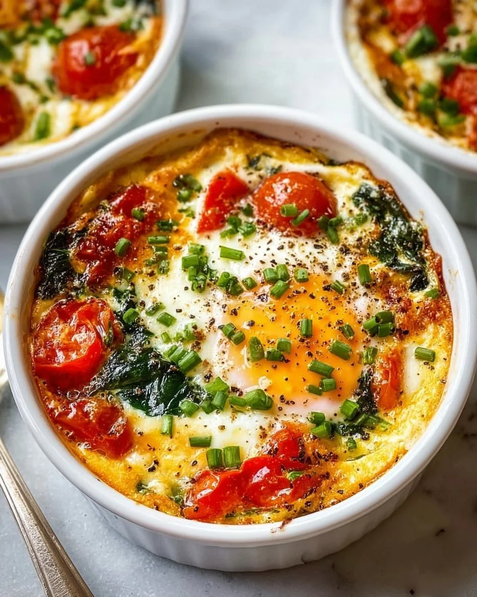 Delicious baked feta eggs served with herbs and spices.