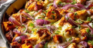 BBQ chicken sweet potato skillet served in a one-pan dinner