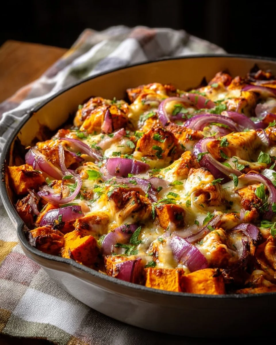 BBQ chicken sweet potato skillet served in a one-pan dinner