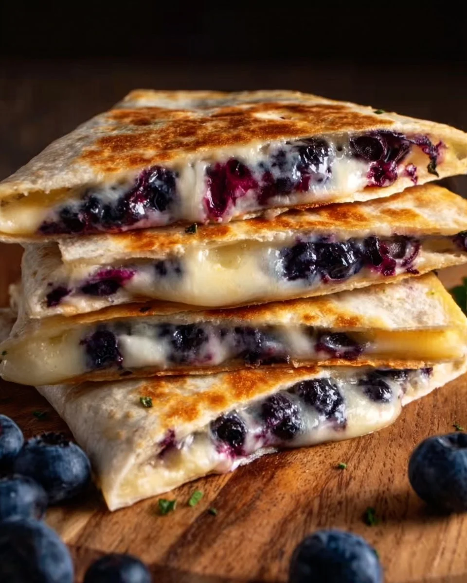 Blueberry breakfast quesadilla served on a plate with blueberries on the side