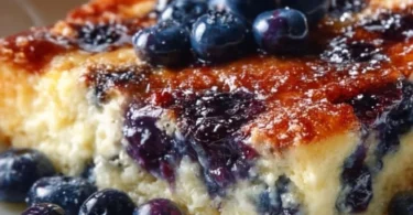 Blueberry buttermilk pancake casserole baked in a dish with fresh blueberries on top