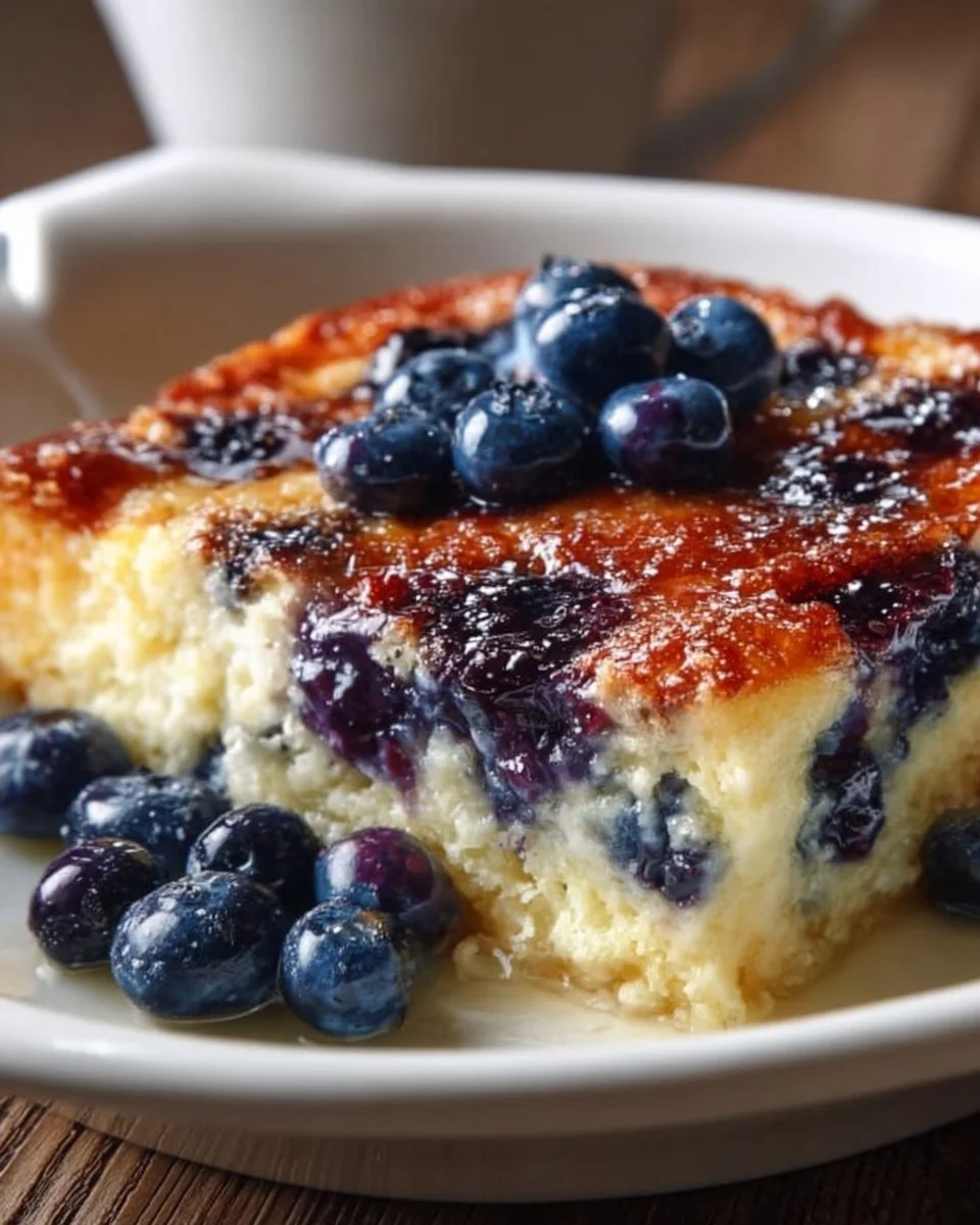 Blueberry buttermilk pancake casserole baked in a dish with fresh blueberries on top