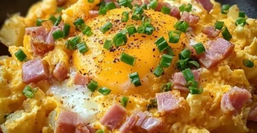 Cheesy potato egg scramble dish topped with herbs and cheese