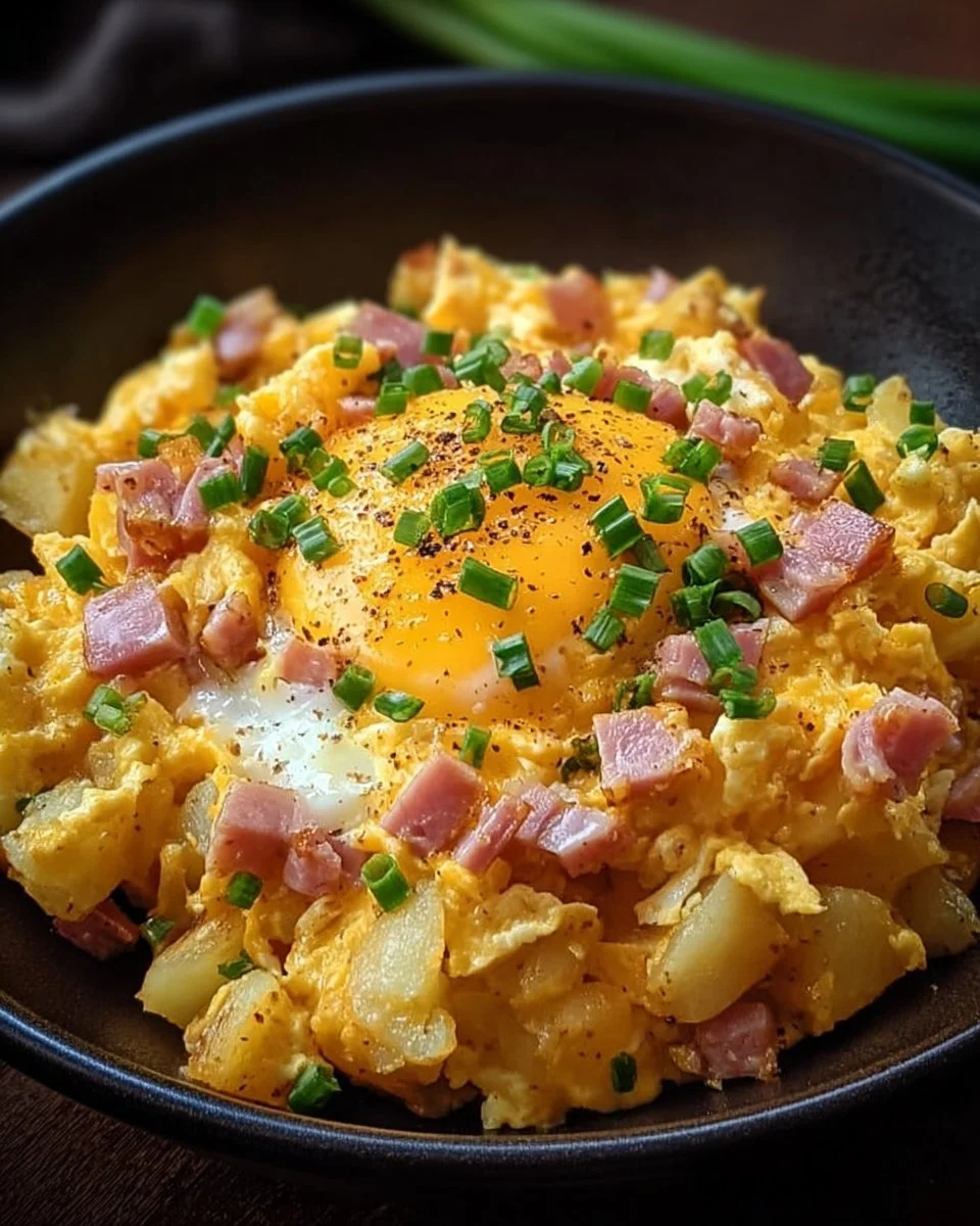 Cheesy potato egg scramble dish topped with herbs and cheese