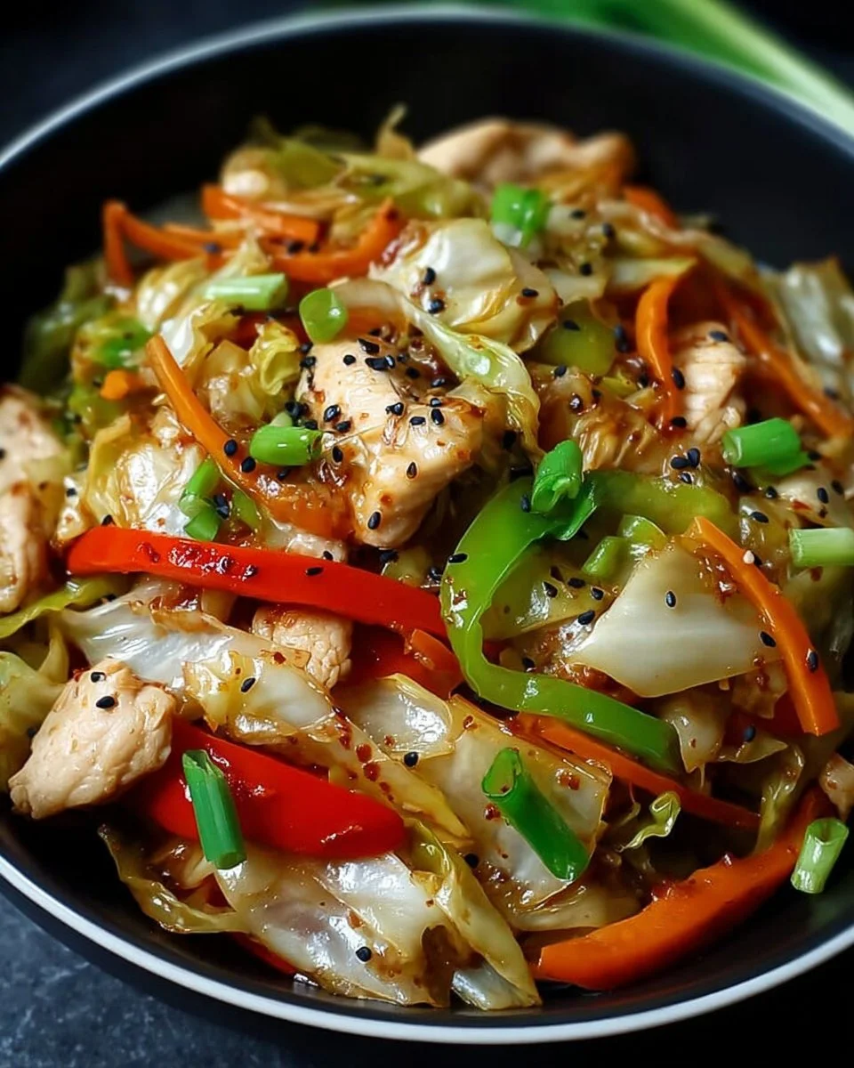 Delicious Chicken Cabbage Stir-Fry in a colorful bowl showcasing fresh ingredients.