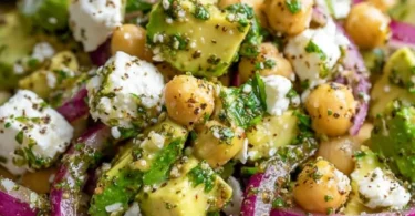 Chickpea Feta Avocado Salad in a bowl with fresh ingredients
