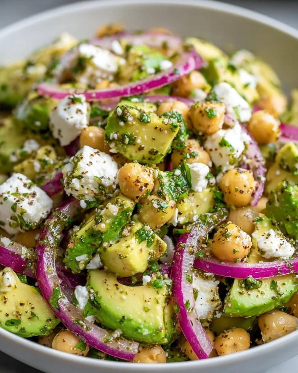 Chickpea Feta Avocado Salad in a bowl with fresh ingredients