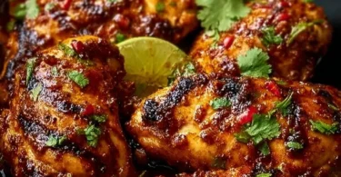 Grilled Chili Lime Chicken garnished with fresh herbs and lime slices
