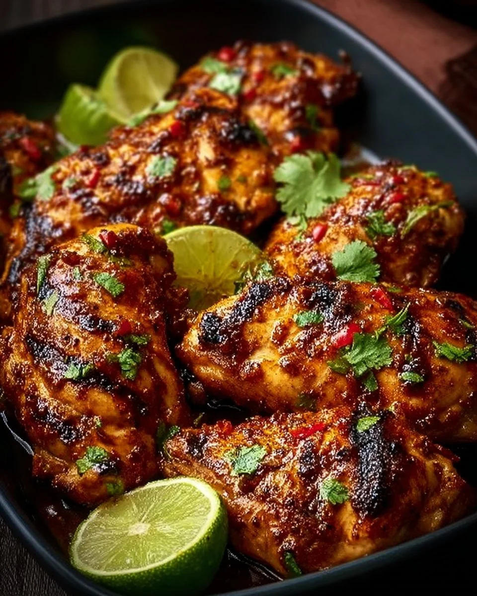 Grilled Chili Lime Chicken garnished with fresh herbs and lime slices
