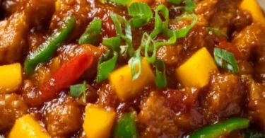 Colorful Chinese style mango chicken stir fry served in a bowl