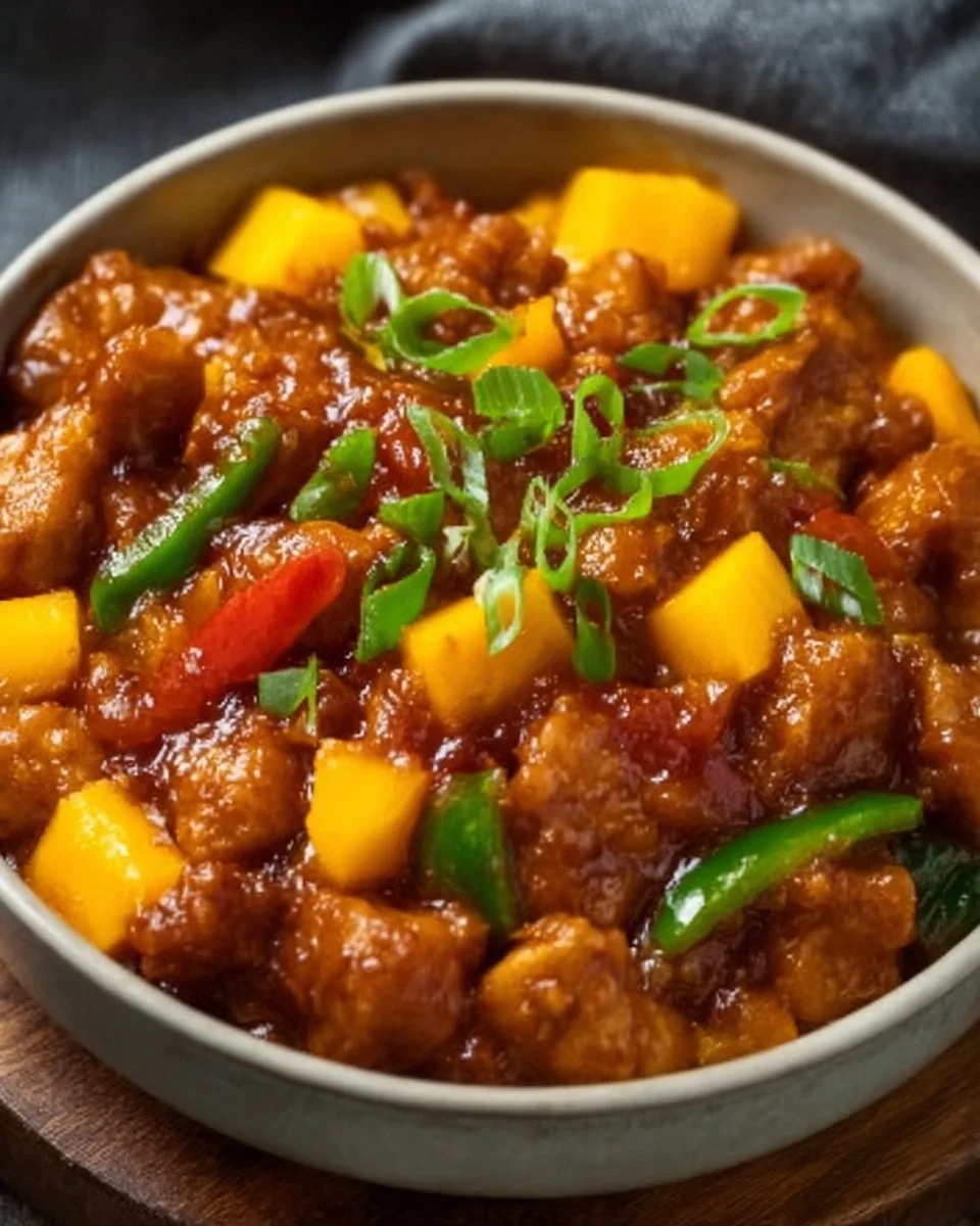 Colorful Chinese style mango chicken stir fry served in a bowl