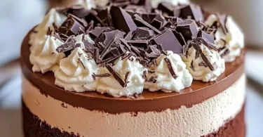 Delicious Chocolate Mousse Cake topped with chocolate shavings and berries