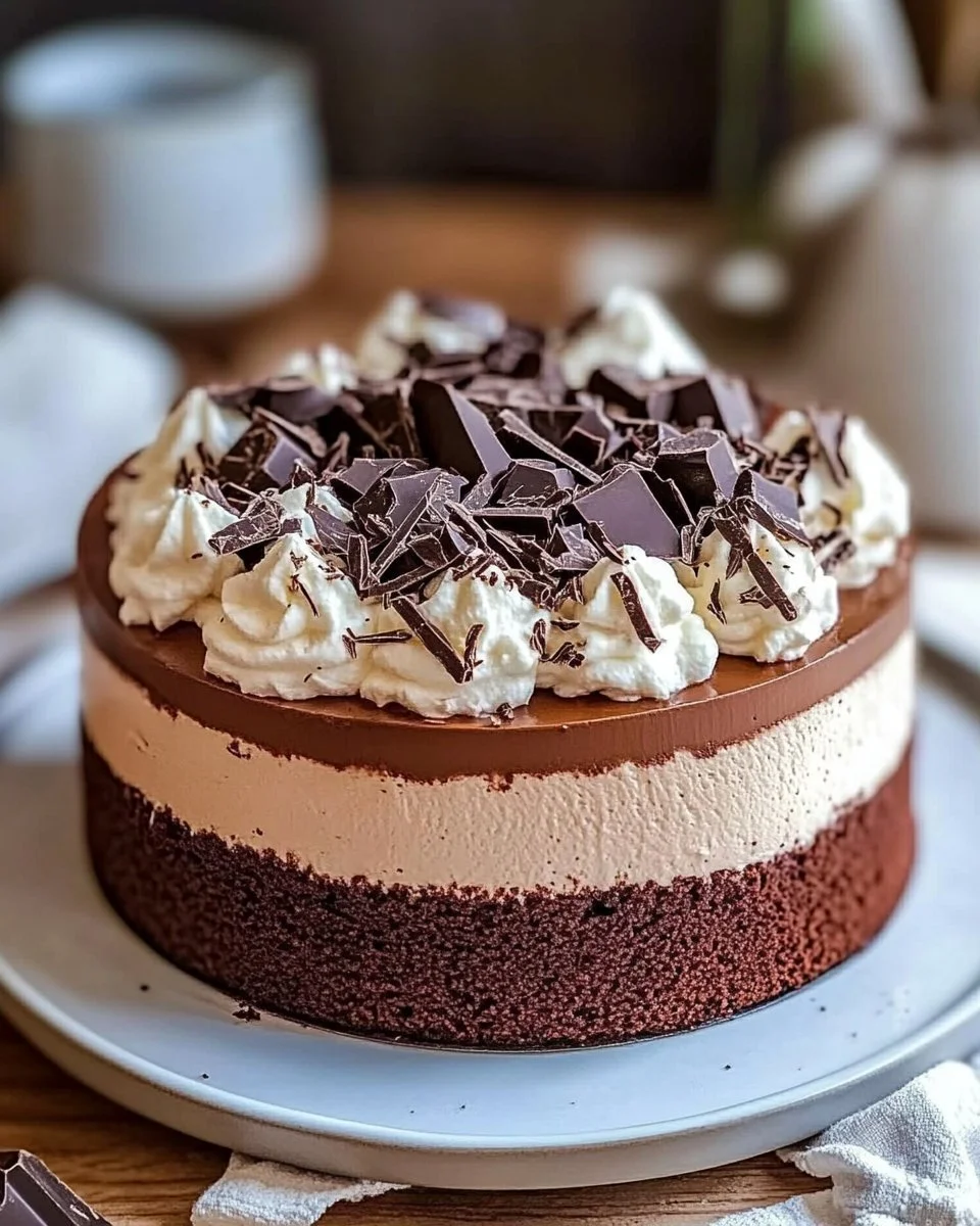 Delicious Chocolate Mousse Cake topped with chocolate shavings and berries