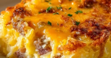 Delicious classic Breakfast Hashbrown Casserole served in a baking dish.
