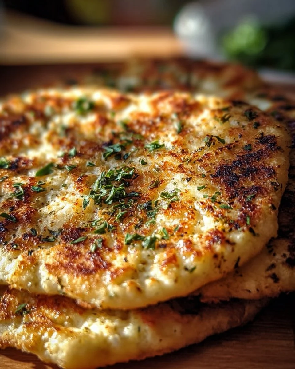 Homemade cottage cheese flatbread served with fresh herbs and toppings.