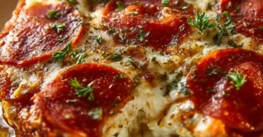 Cottage Cheese Pizza Bake topped with fresh ingredients and cheese