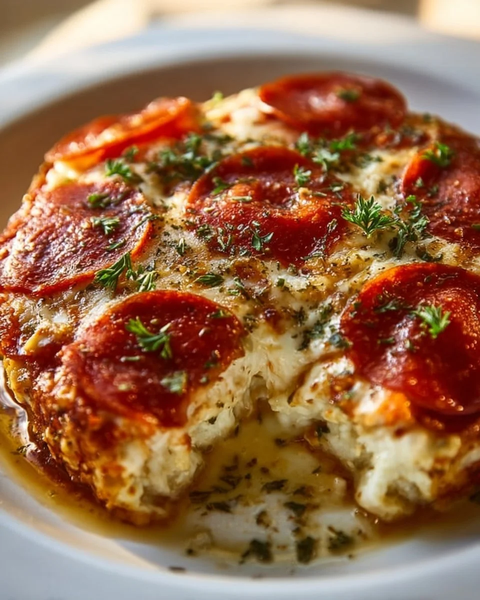 Cottage Cheese Pizza Bake topped with fresh ingredients and cheese