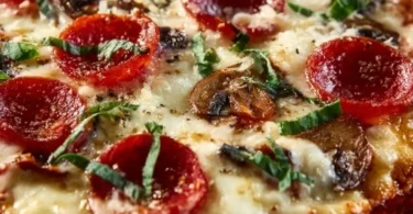 Cottage Cheese Pizza Bowl topped with fresh ingredients and cheese