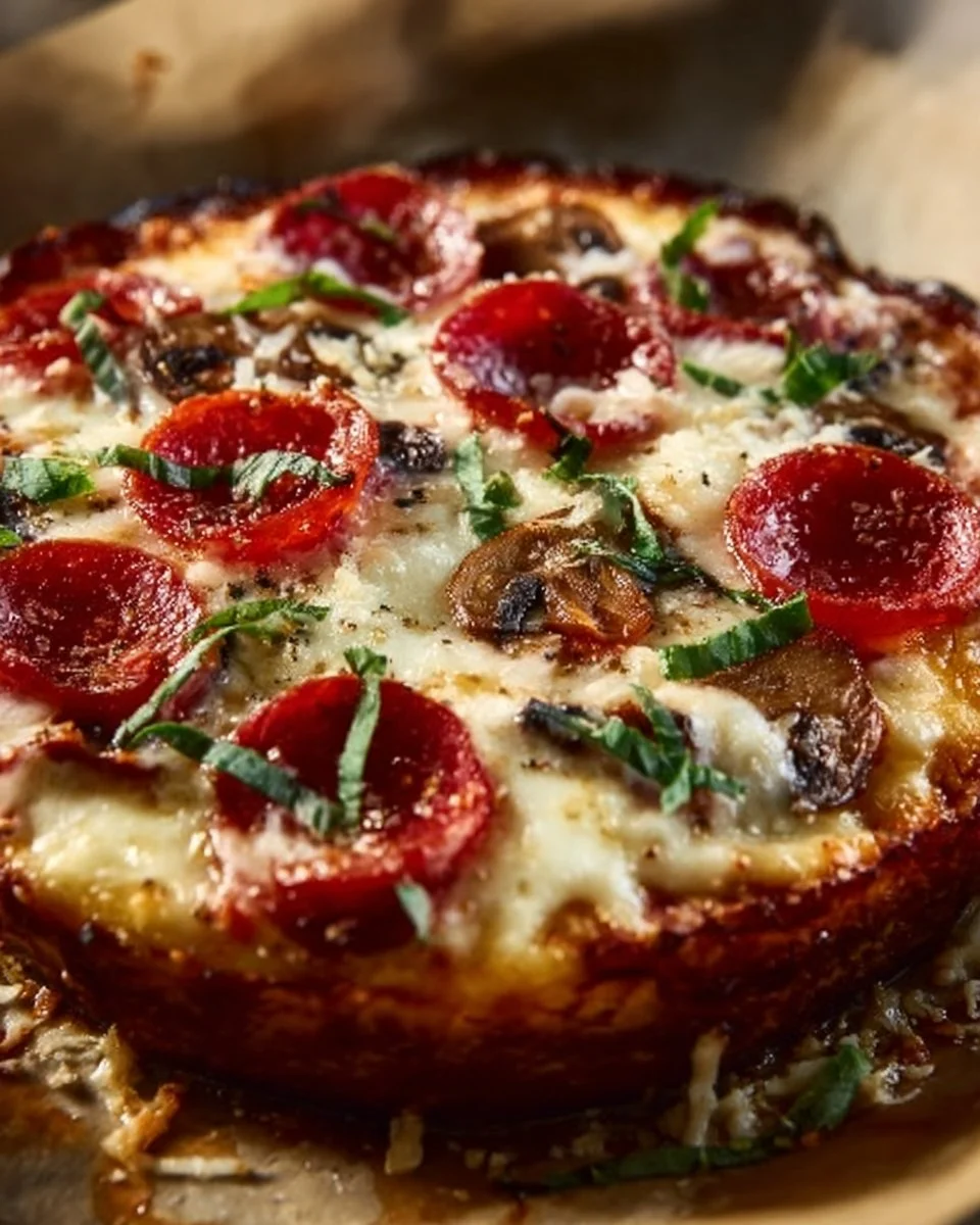 Cottage Cheese Pizza Bowl topped with fresh ingredients and cheese