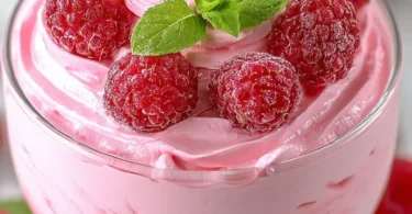 Delicious cottage cheese raspberry mousse served in a glass dish