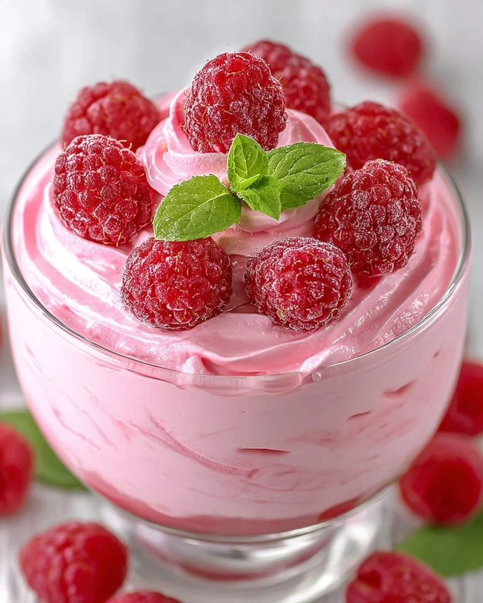 Delicious cottage cheese raspberry mousse served in a glass dish