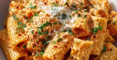 Creamy Cottage Cheese Rigatoni pasta dish topped with fresh herbs