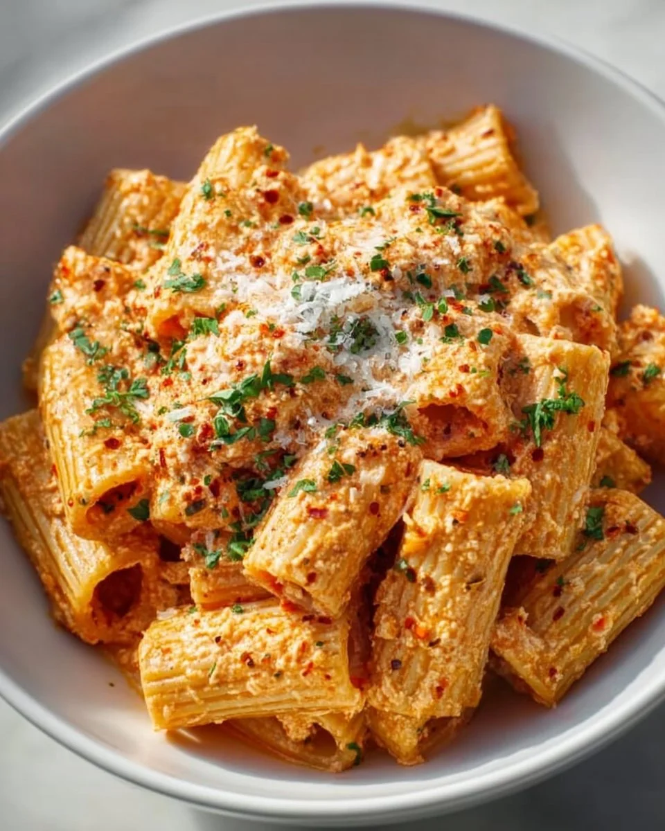 Creamy Cottage Cheese Rigatoni pasta dish topped with fresh herbs