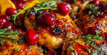Cranberry Orange Chicken dish garnished with herbs on a plate.