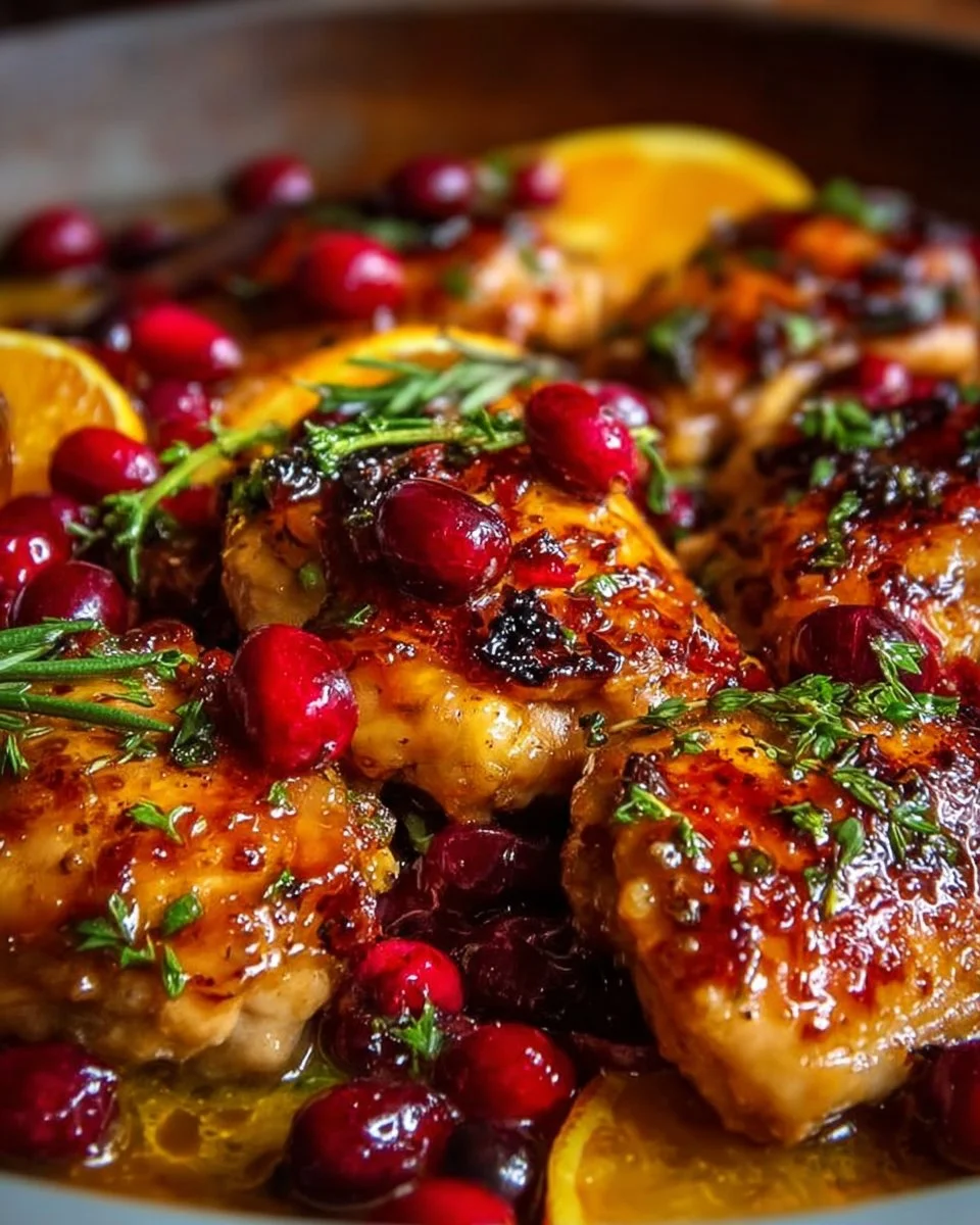 Cranberry Orange Chicken dish garnished with herbs on a plate.