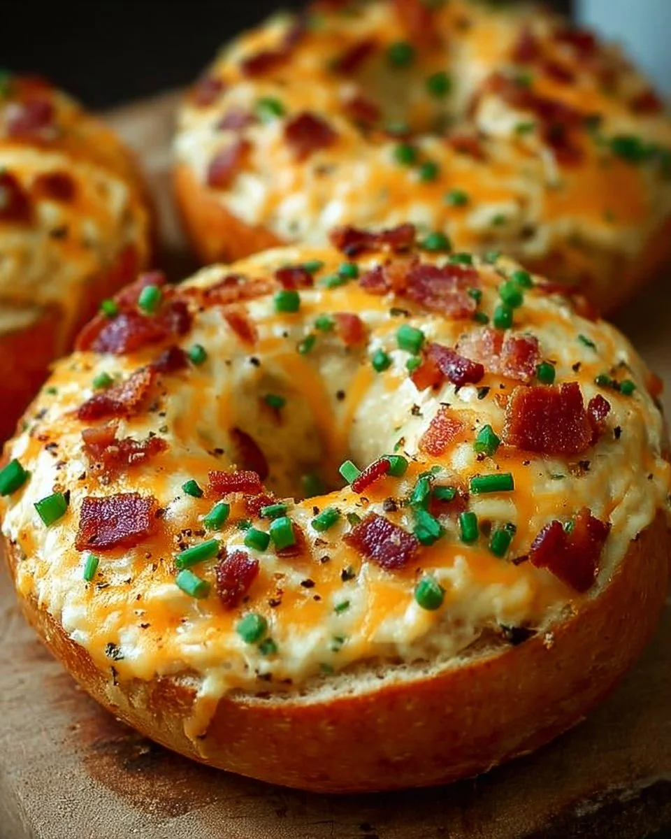 Creamy Bacon Cheddar Bagels with gooey cheese and crispy bacon