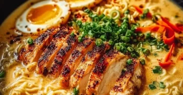 Creamy garlic chicken ramen with fresh ingredients and rich flavors