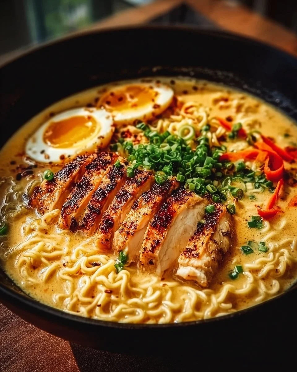 Creamy garlic chicken ramen with fresh ingredients and rich flavors