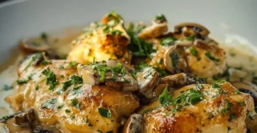 Creamy garlic mushroom chicken thighs served on a plate
