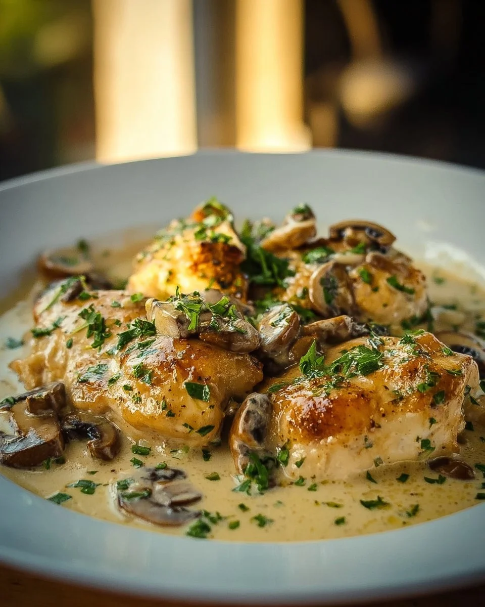 Creamy garlic mushroom chicken thighs served on a plate
