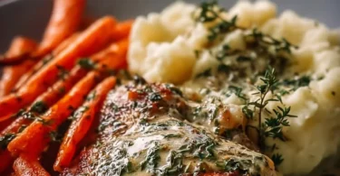 Creamy herb chicken dish with mashed potatoes and honey glazed carrots