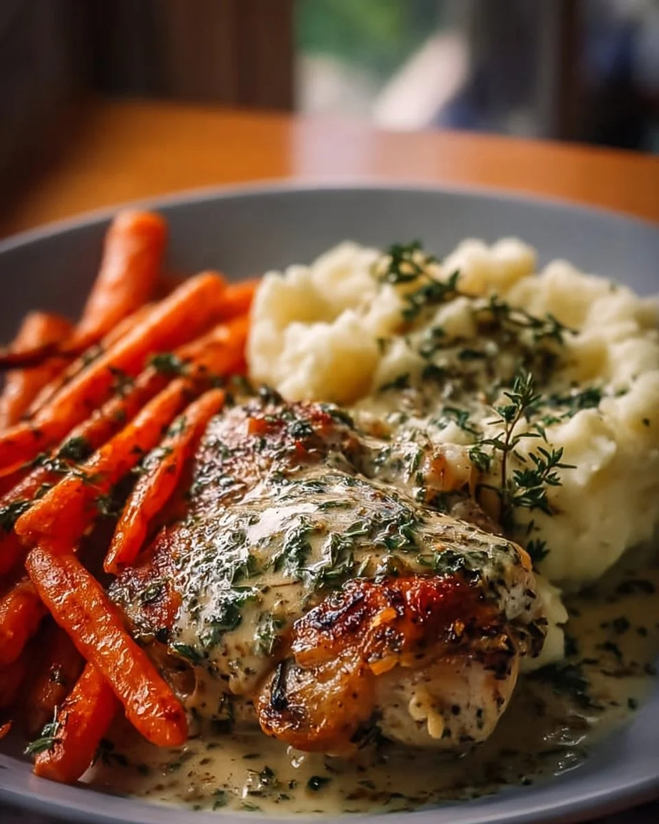 Creamy herb chicken dish with mashed potatoes and honey glazed carrots