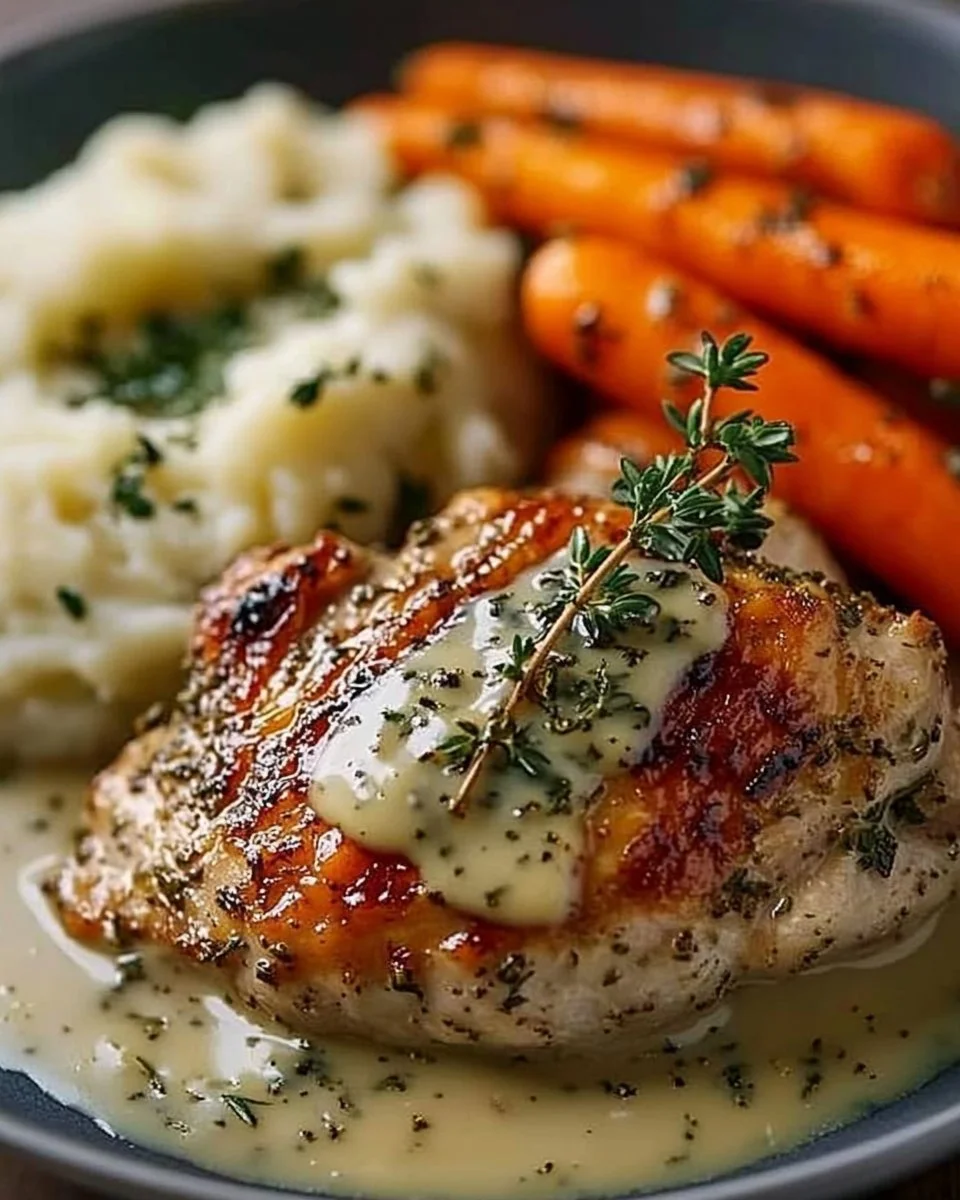 Creamy Herb Chicken with Mashed Potatoes and Honey Glazed Carrots