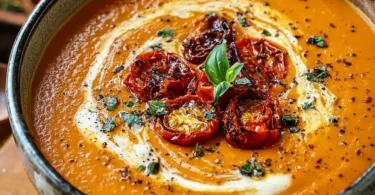 Creamy roasted garlic tomato soup served in a bowl with fresh herbs.