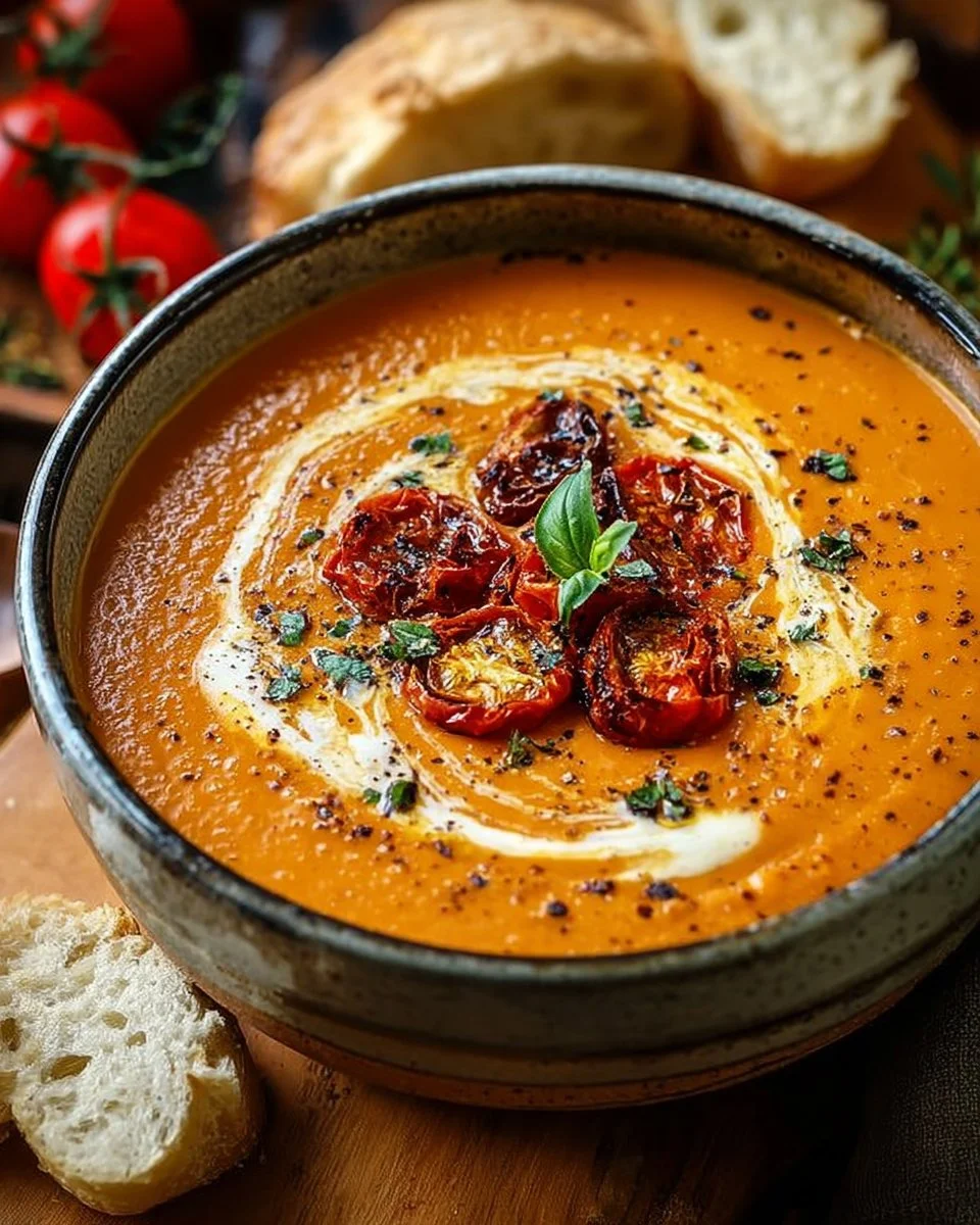 Creamy roasted garlic tomato soup served in a bowl with fresh herbs.