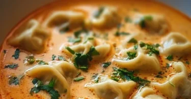 Bowl of creamy Thai Dumpling Soup with vibrant herbs and dumplings