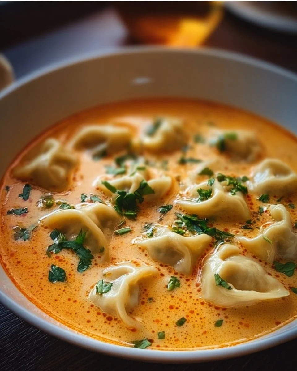 Bowl of creamy Thai Dumpling Soup with vibrant herbs and dumplings