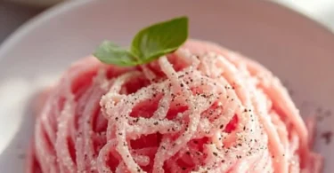 Bowl of creamy vegan pink pasta made with plant-based ingredients